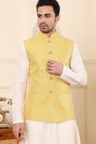 Yellow silk embroidered nehru jacket for mens