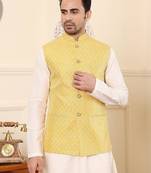 Yellow silk embroidered nehru jacket for mens