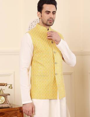 Yellow silk embroidered nehru jacket for mens 2