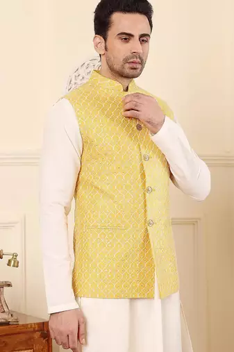 Yellow silk embroidered nehru jacket for mens