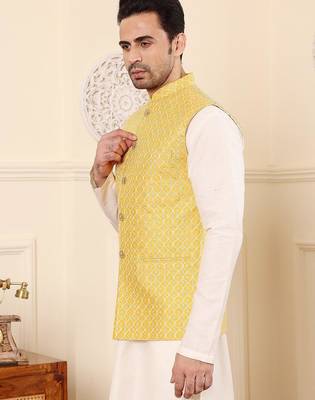 Yellow silk embroidered nehru jacket for mens 3