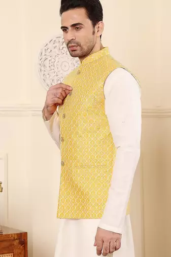 Yellow silk embroidered nehru jacket for mens