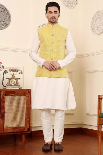 Yellow silk embroidered nehru jacket for mens