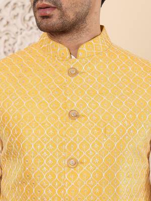 Yellow silk embroidered nehru jacket for mens 5