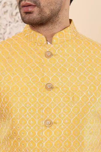 Yellow silk embroidered nehru jacket for mens