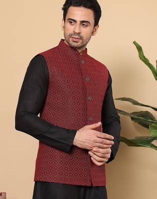 Black silk embroidered nehru jacket for mens 1