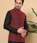 Black silk embroidered nehru jacket for mens