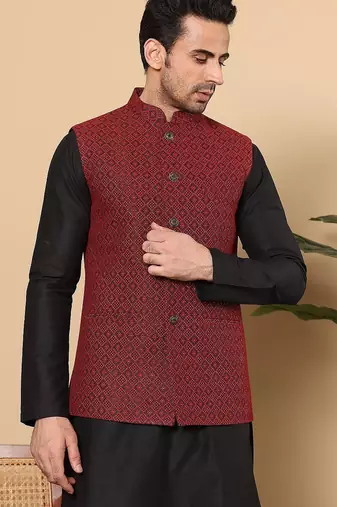 Black silk embroidered nehru jacket for mens