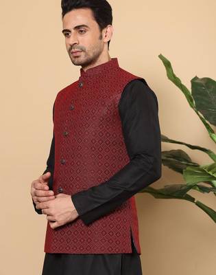 Black silk embroidered nehru jacket for mens 3