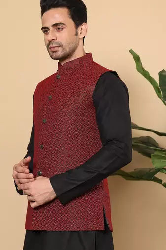 Black silk embroidered nehru jacket for mens