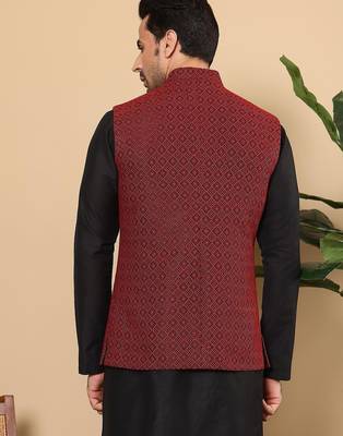 Black silk embroidered nehru jacket for mens 5