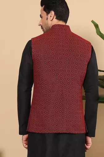 Black silk embroidered nehru jacket for mens