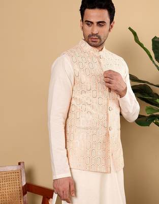 Pink silk embroidered nehru jacket for mens 1