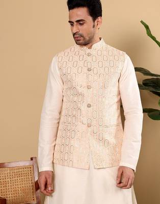 Pink silk embroidered nehru jacket for mens 2