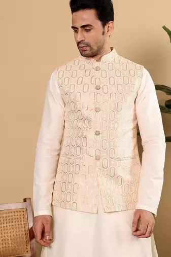 Pink silk embroidered nehru jacket for mens