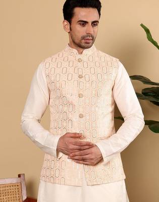 Pink silk embroidered nehru jacket for mens 3