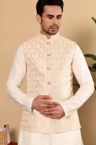Pink silk embroidered nehru jacket for mens