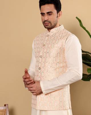Pink silk embroidered nehru jacket for mens 4