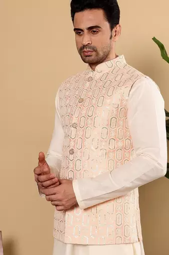 Pink silk embroidered nehru jacket for mens