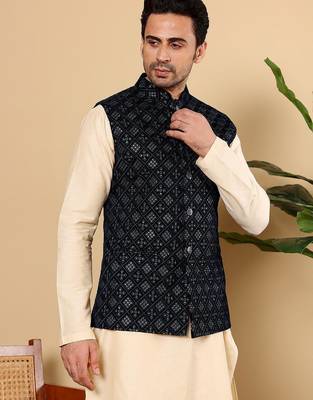 Black silk embroidered nehru jacket for mens 1