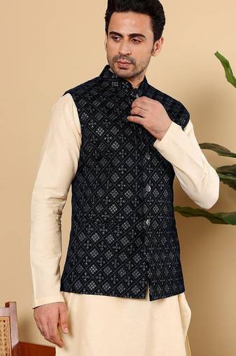 Black silk embroidered nehru jacket for mens