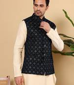 Black silk embroidered nehru jacket for mens