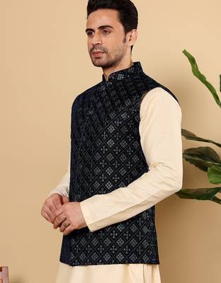 Black silk embroidered nehru jacket for mens 2