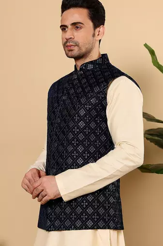 Black silk embroidered nehru jacket for mens