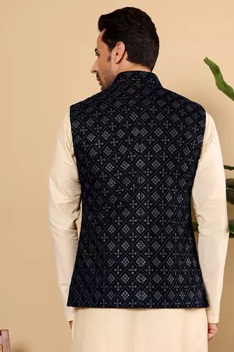 Black silk embroidered nehru jacket for mens