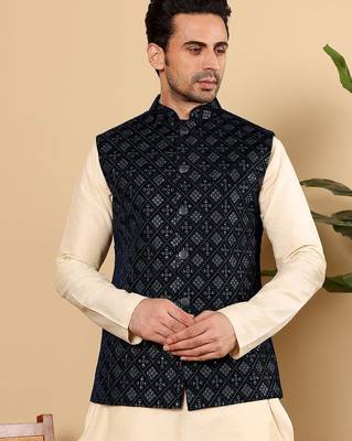 Black silk embroidered nehru jacket for mens 4