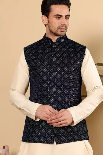 Black silk embroidered nehru jacket for mens
