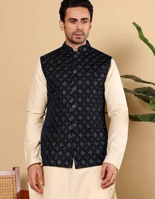 Black silk embroidered nehru jacket for mens 5