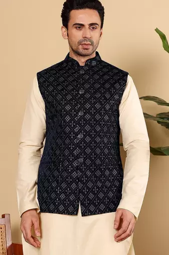 Black silk embroidered nehru jacket for mens