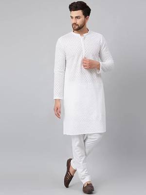 White silk embroidered pyjamas for mens 4