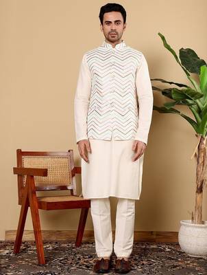 White viscose embroidered kurta pajama and nehru jacket for mens 1
