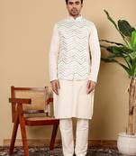 White viscose embroidered kurta pajama and nehru jacket for mens