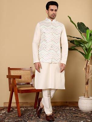 White viscose embroidered kurta pajama and nehru jacket for mens 2