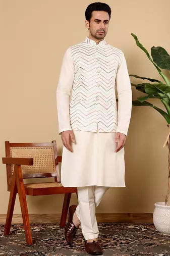 White viscose embroidered kurta pajama and nehru jacket for mens