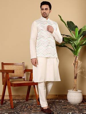 White viscose embroidered kurta pajama and nehru jacket for mens 3