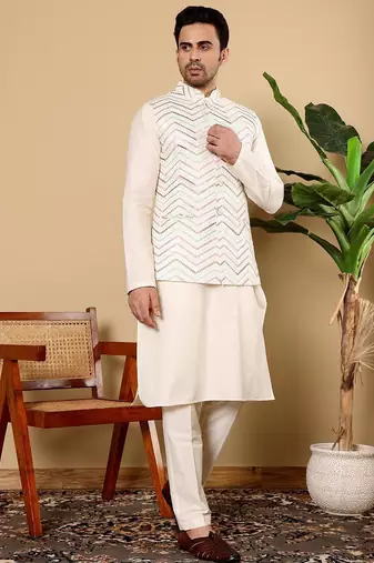 White viscose embroidered kurta pajama and nehru jacket for mens