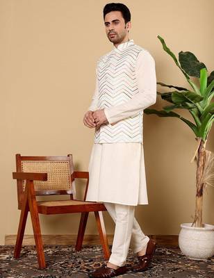 White viscose embroidered kurta pajama and nehru jacket for mens 4