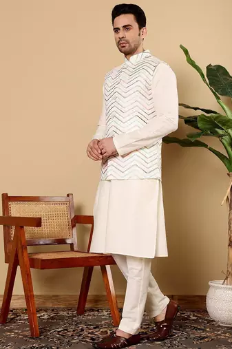 White viscose embroidered kurta pajama and nehru jacket for mens