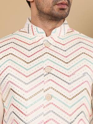 White viscose embroidered kurta pajama and nehru jacket for mens 5