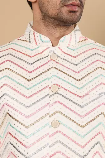 White viscose embroidered kurta pajama and nehru jacket for mens