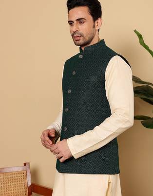 Green silk embroidered kurta pajama and nehru jacket for mens 1