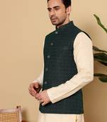 Green silk embroidered kurta pajama and nehru jacket for mens