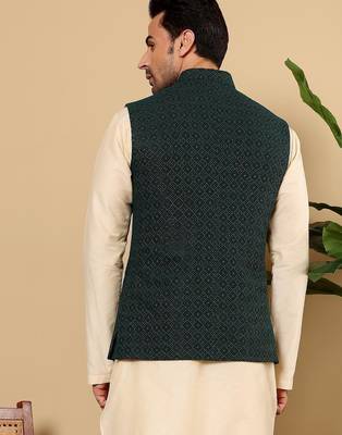 Green silk embroidered kurta pajama and nehru jacket for mens 2