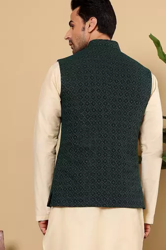 Green silk embroidered kurta pajama and nehru jacket for mens