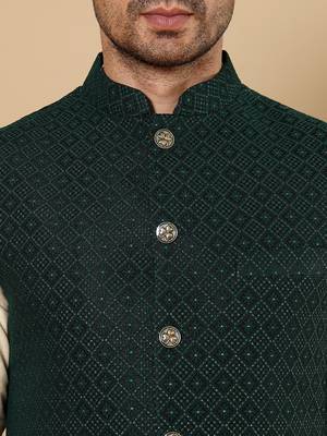 Green silk embroidered kurta pajama and nehru jacket for mens 3