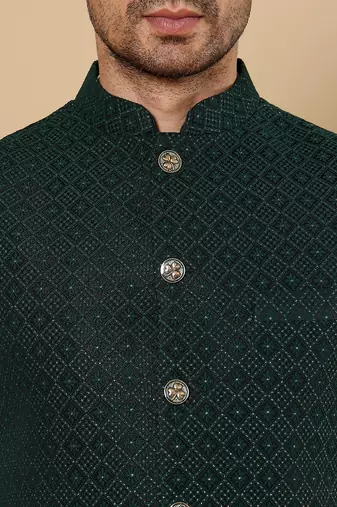 Green silk embroidered kurta pajama and nehru jacket for mens